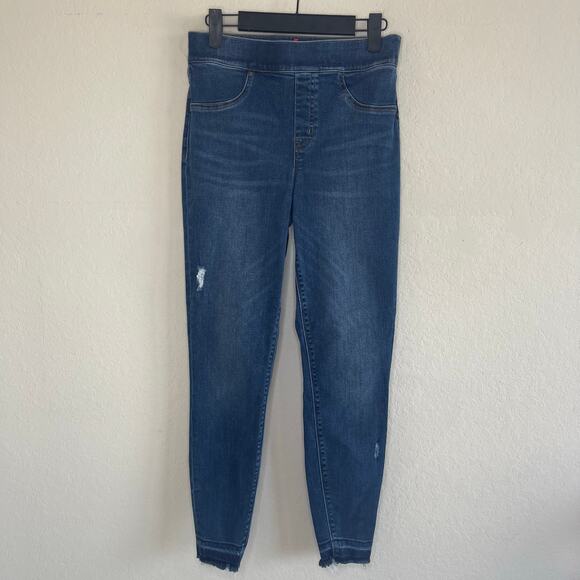 SPANX Distressed Denim Legging Skinny Jeans in Medium Wash Raw Hem - Size M - Picture 3 of 6